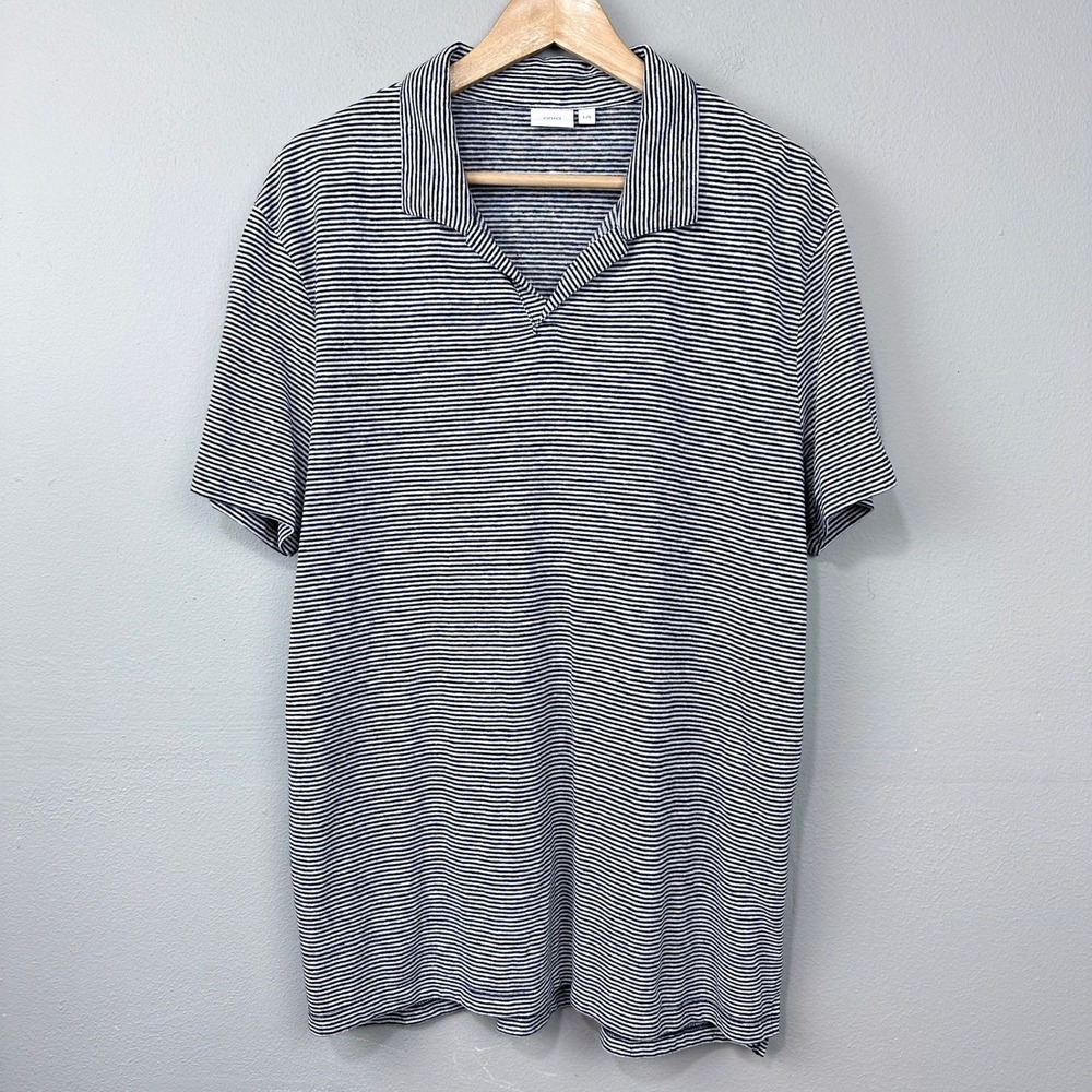 Onia Polo Shirt Mens Size L Black White Striped Linen Blend Short Sleeve V-Neck